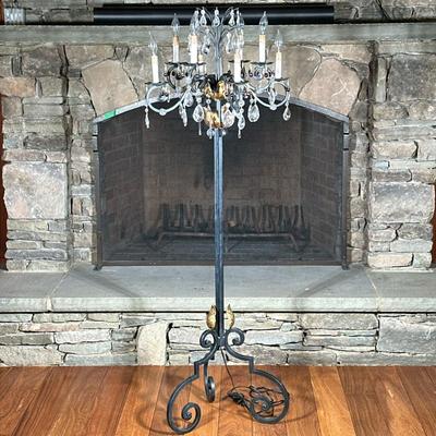 Fancy Scrolled Floor Lamp | With hanging crystal style glass and purple amethyst color drops - h. 64 x dia. 18.5 in
