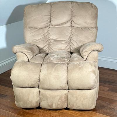 Brown Tufted Ultra suede Recliner | Upholstered suede recliner with manual reclining Dimensions: h. 40 x w. 40 x l. 37 in
