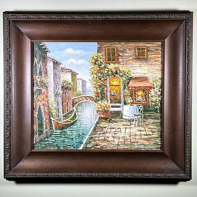 Venetian Cafe Oil Painting On Canvas | Painted in thick impasto, no apparent signature, in a wood frame; sight 19.5 x 23.5 in. - h. 30.5...