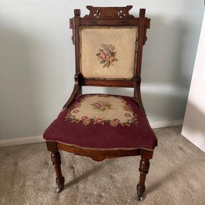 Antique Carved Needlepoint Chair 