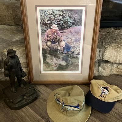Michael Garrman 'Gone Fishin' Sculpture, Signed and Numbered Fishing Print, and 2 Guy Harvey Hats