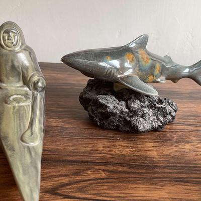 2 Hand Crafted Sculptures Eskimo & Shark 