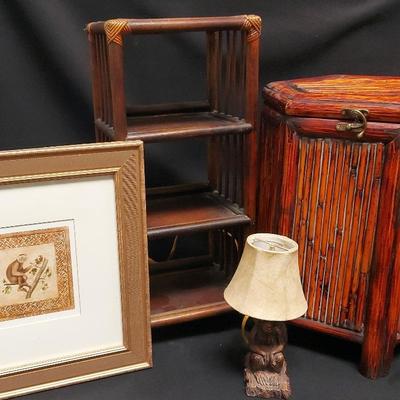 EXOTIC LOOKING SIDE TABLES, LAMP, AND MONKEY PRINT