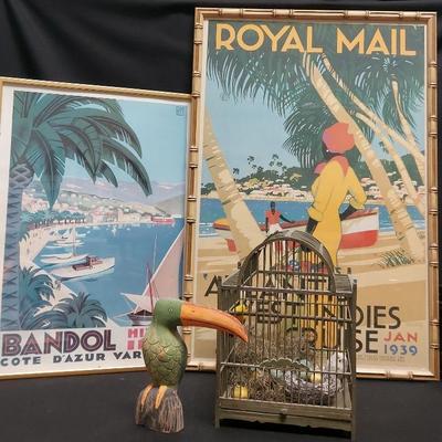TROPIC-THEMED TRAVEL POSTER AND BIRD CAGE