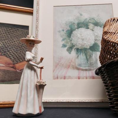 ENESCO PORCELAIN WOMAN WITH FRAMED PRINTS