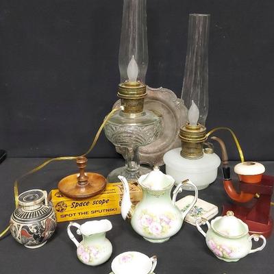TREASURE TROVE OF VINTAGE GOODIES - LAMPS, PIPES, TEA SET