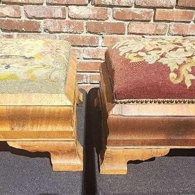 AMERICAN EMPIRE STYLE MAHOGANY AND NEEDLE POINT FOOT STOOLS