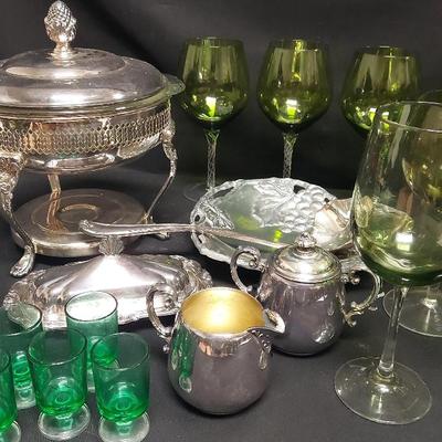 GREEN GLASS GOBLETS AND SILVER-PLATED BEAUTIES