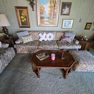 Vintage floral print sofa, ottoman, vintage coffee table