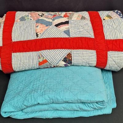 Vintage Colorful Hand-Stitched Quilt And Aqua Blanket