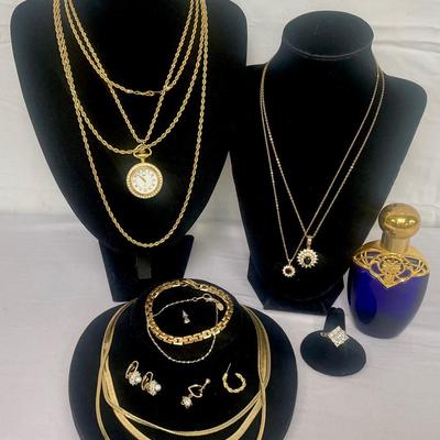 18K Gold Plated Necklace, Jewelry & Vintage Cobalt Cologne Bottle 