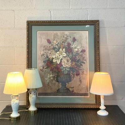 Framed Art Print, “Floral Reflections” W/ Vintage Lamps 