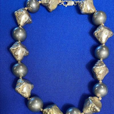 .925 Sterling Silver Large Nugget & Ball Heavy 16” Necklace