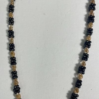 14K White Gold Clasp Black Bead & Amber Glass Vintage 28” Necklace