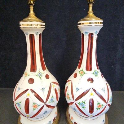 Bohemian Czech 'White Cut To Cranberry' Cased Glass Lamps (2)