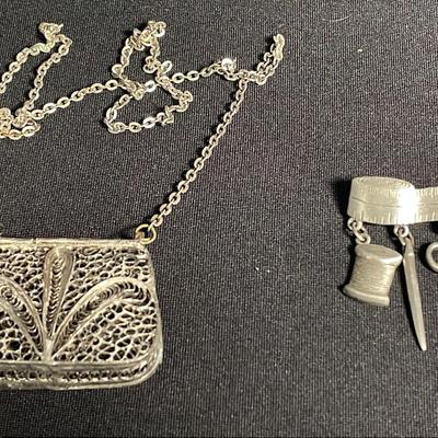 Signed Pewter Sewing Brooch Pin (1) & Vintage Filigree Purse W/ 28”Necklace (1)