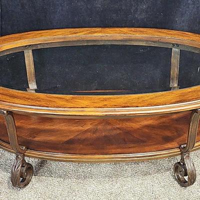Oval Wood & Iron Glass Top Coffee Table 
