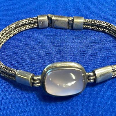 .925 Sterling Silver Double Braid 7” Bracelet W/ Rose Quartz Center Stone 