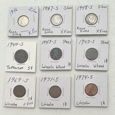 Roosevelt Silver Dimes (3) + Various San Francisco Mint Coins (6)
