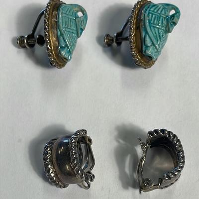 .925 Sterling Silver Carved Stone (1) & Plain Rope (1) Clip On Earrings 