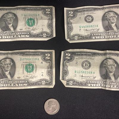 1976 $2 Bills (4) + Bicentennial Quarter (1)