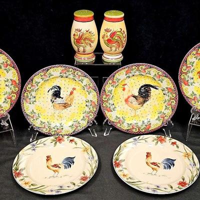 Rooster Salt & Pepper Shakers (2) + Rooster Plates (6)