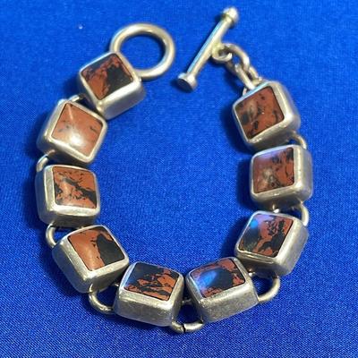 .925 Vintage Brown Agate 7” Bracelet W/ Toggle Clasp 