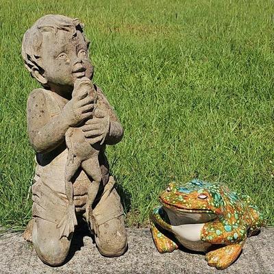Resin Boy W/Frog  (1) + Handmade Glazed Ceramic Frog (1) Statues