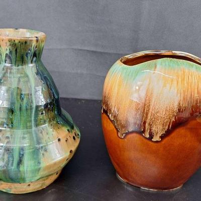 2 Vases - RRNCO Roseville USA 0. - Beautiful Green Drip Glaze Vase Marked JM