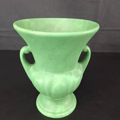 Vintage Green Matte Double Handle Trophy Planter/Urn - Marked Hethfer ? 1968