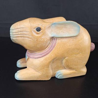 Large Folk Art Hand Carved Pastel Painted Solid Wood Rabbit