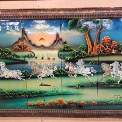 Set of 4 Asian Wall Panels Featuring in Mother of Pearl Inay Framed 