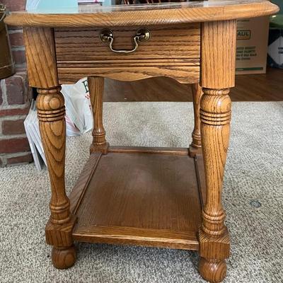 Solid Oak Side Table with Drawer and Lower Shelf