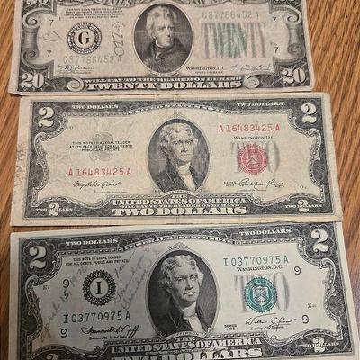 $2 Bills & $20 Bill 