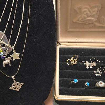 Sterling Silver & 14K Gold Stud Earrings with Pendant Necklaces