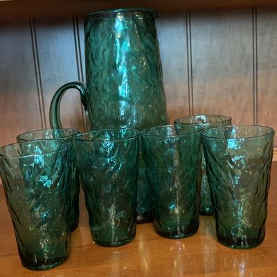 Green Glass Pitcher And Cups 
