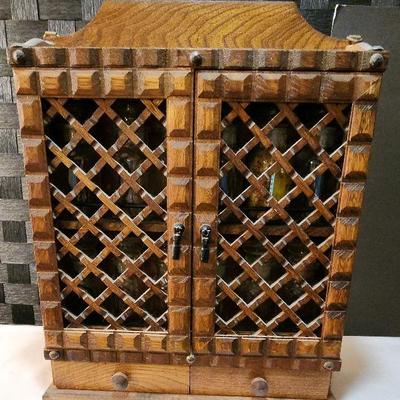 15" Vintage Wooden Wall Spice Rack (Doors & Drawers) & 12 Glass Spice Bottles