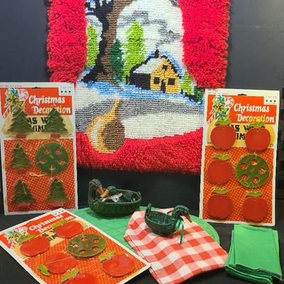 Christmas Bell Latchhook, 1980s Apple & Tree Windchimes, Wicker Ducks, and Linens