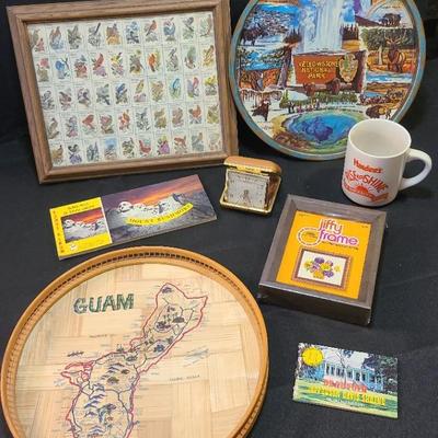 Vintage Travel And Souvenir Items, Incl. State Bird Stamps And Yellowstone Tray