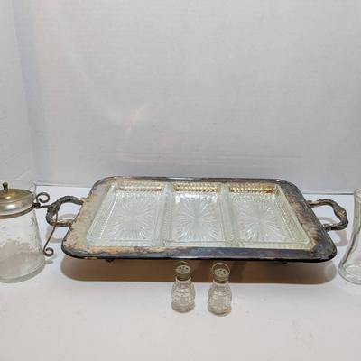 Silver plated Tray W/ Cut Glass Inserts, Mini S+P Shakers & Etched Glass
