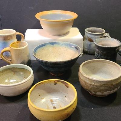 Hand Made Art Pottery Bowls And Mugs, 9 Pieces