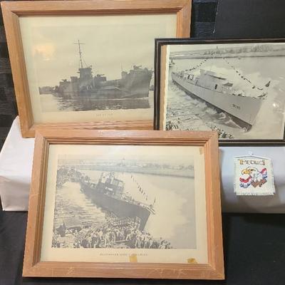 3 Vintage WWII? Ship Photo Prints And Crossstitch Eagle