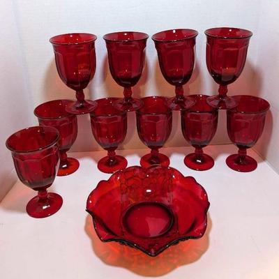 Viking Arlington Ruby Red Goblets (10) + Ruby Red Fruit Bowl