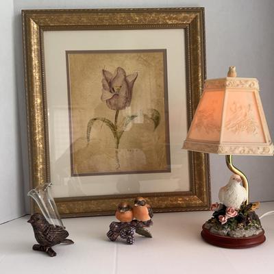 Small White Dove Table Lamp with Plastic Shade, Bird Figurines, Art Print and More 