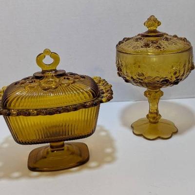 Fenton Amber Glass Cabbage Rose Lidded Pedestal Candy Dish + "Lacey" Indiana Glass Dish