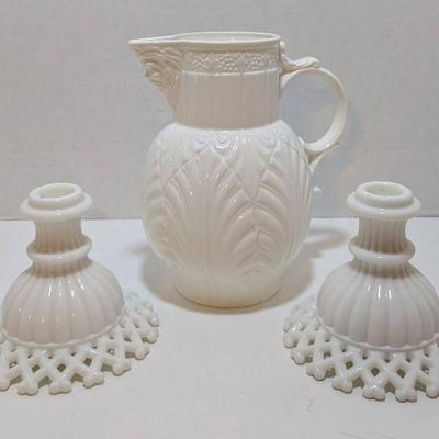 Coalport Caughley Mask-head Jug Reproduction Pitcher+ 2 "Lacey" Milk Glass Candlestick Holders