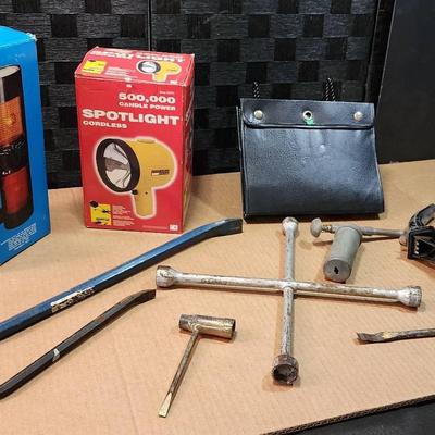 Handy Tools For The Road (2 Crowbars, Lug Wrench..), Spotlight, Lantern,and Portable Tool Bag