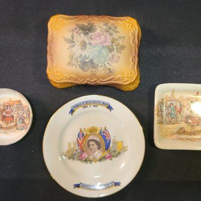 Aynsley Queen Elizabeth Coronation Dish, Lancaster English Tudor Trinket Dishes, Painted Floral Box