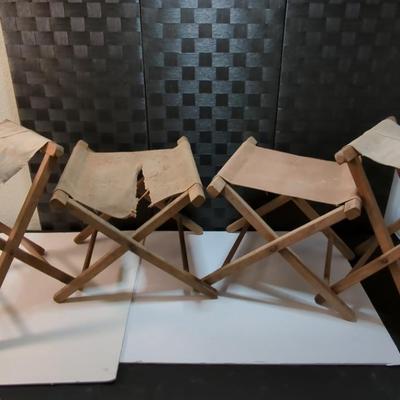 4 Wooden and Fabric Folding Camp Stools, 2 Need Seats Repaired 