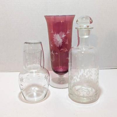 Etched Glass Decanters, Water Dispenser with Glass and Pink Etched Glass Footed Vase